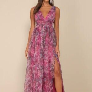 Lulu's Garden Romance Magenta Floral Print Organza Maxi Dress Size M